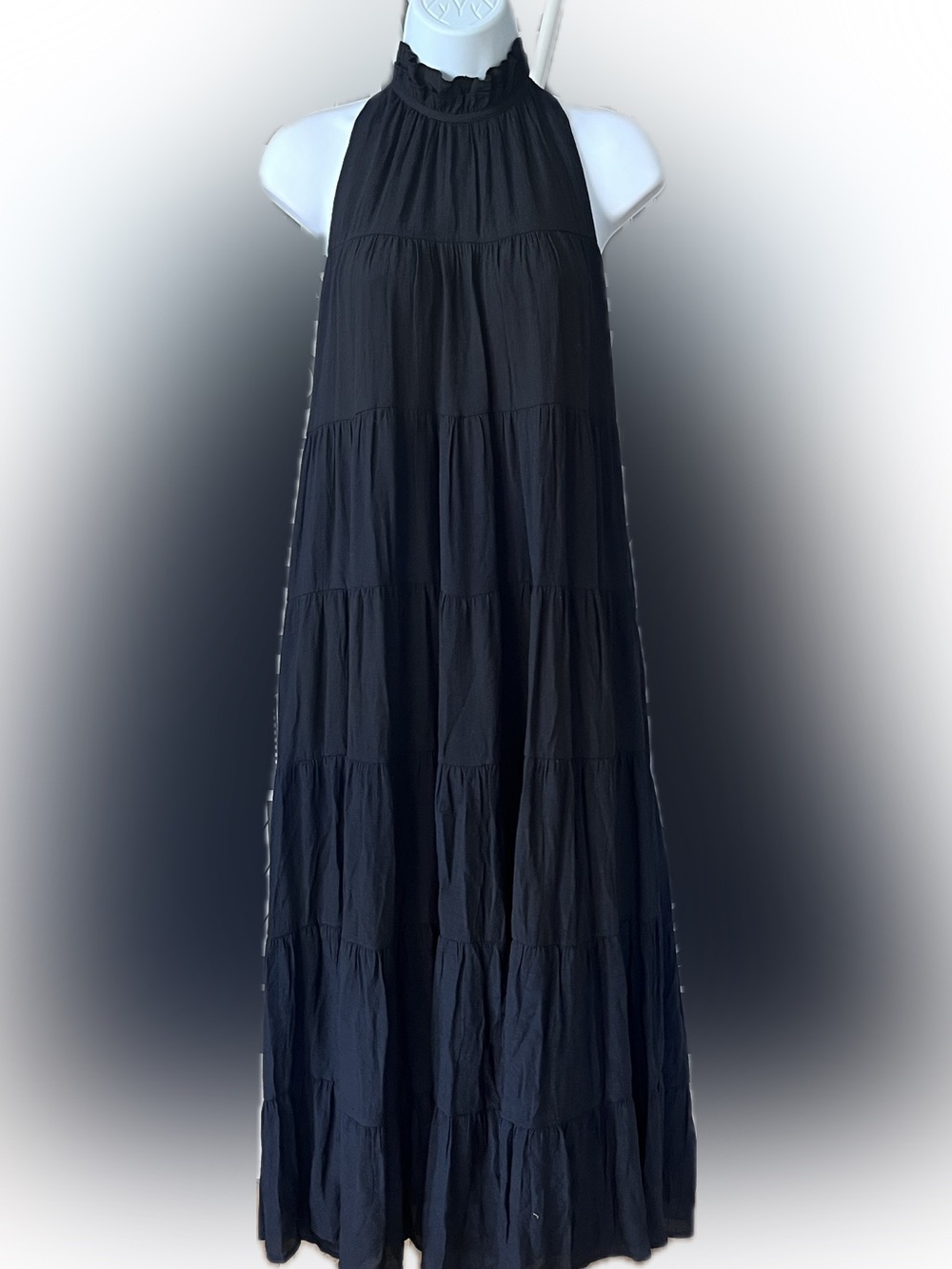 Anthropologie Entro Black Halter Maxi Dress with Tiered Ruffles and Pockets